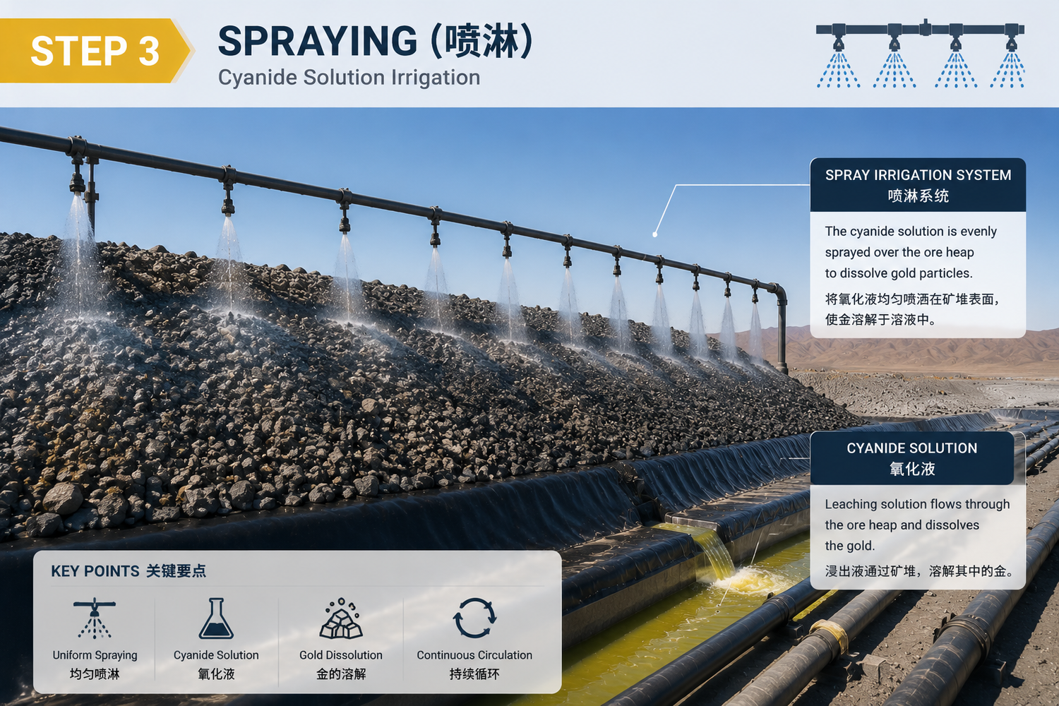 Spray irrigation system applying cyanide solution on ore heap for gold leaching process