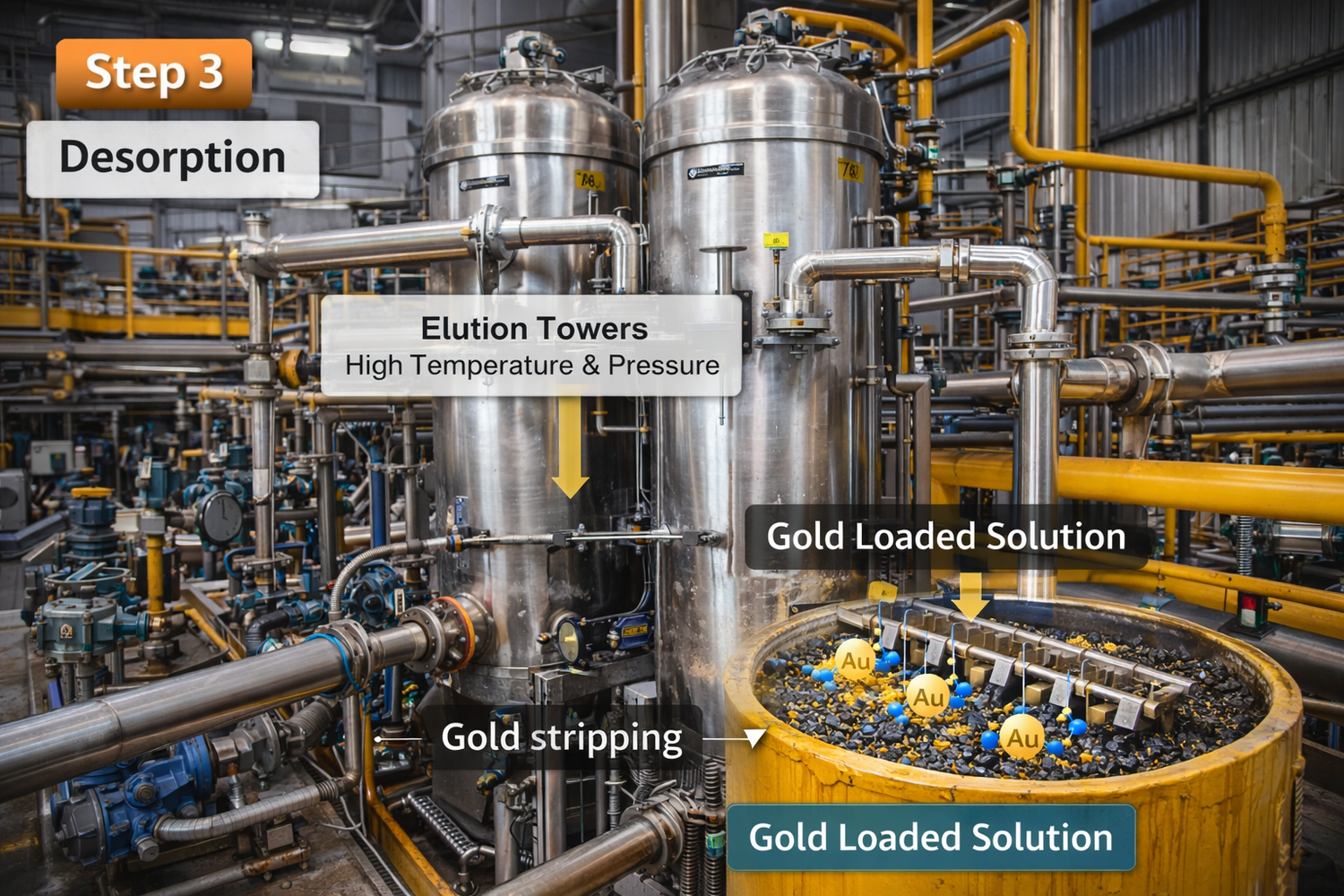 Gold desorption and elution equipment in gold recovery plant