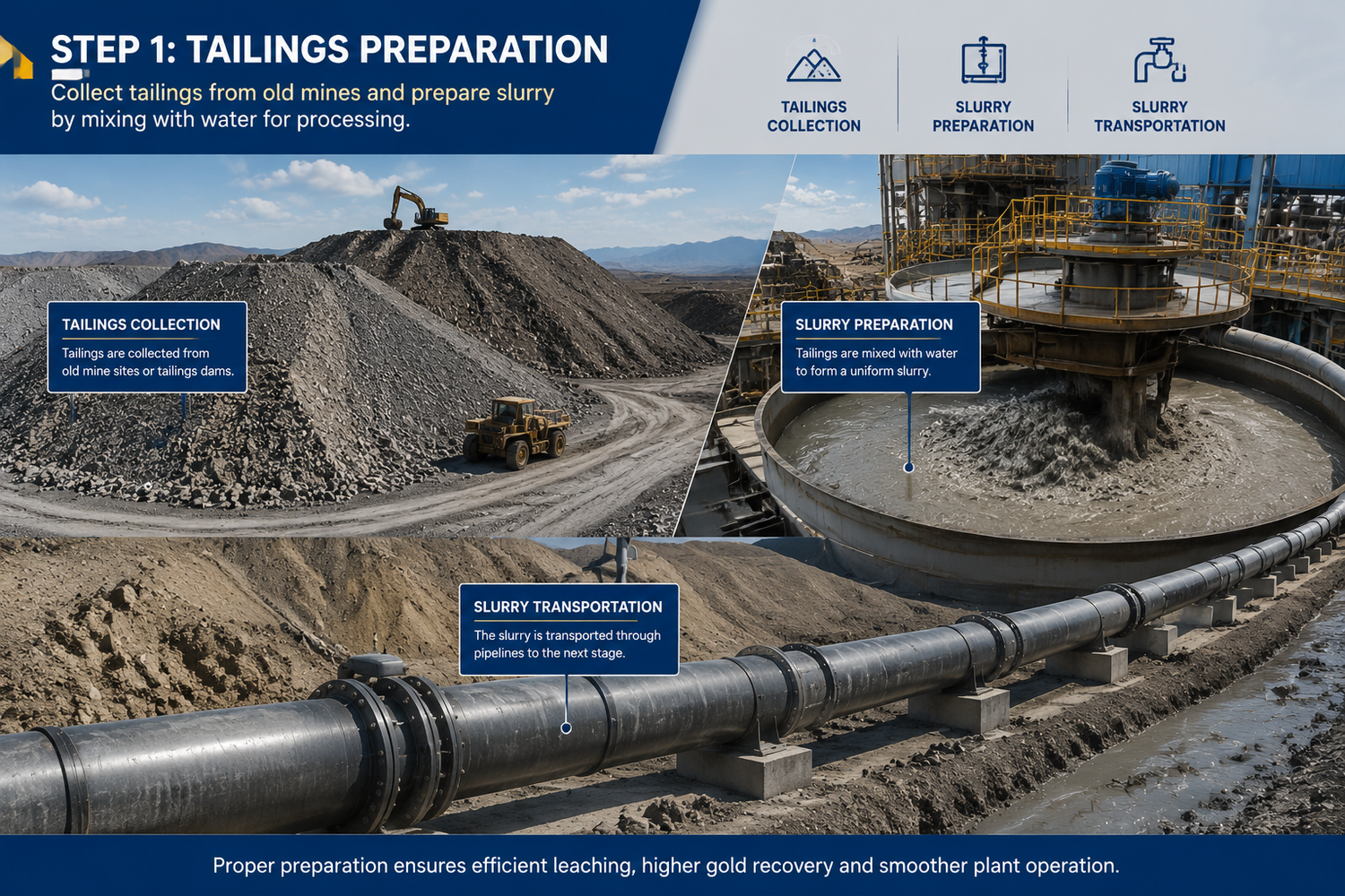 Gold tailings preparation process showing mining waste collection, slurry formation and transportation as first step of gold recovery system