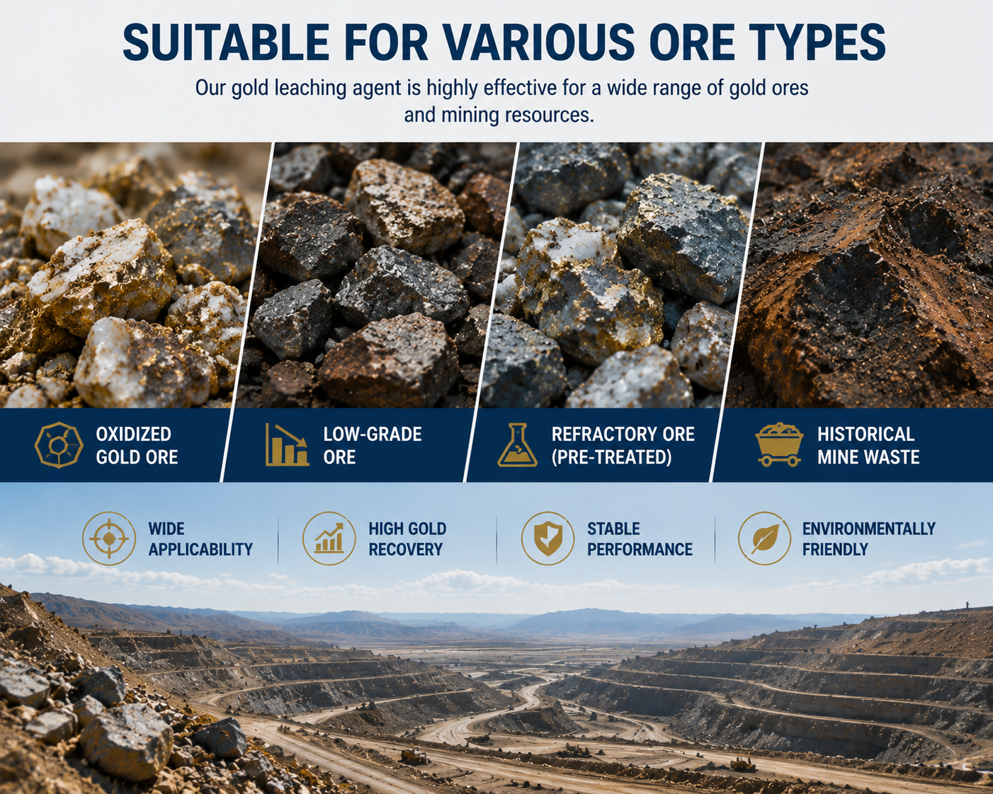 Mining gold recovery applications showing suitability for oxidized ore, low-grade ore, refractory ore and tailings processing using modern leaching technology
