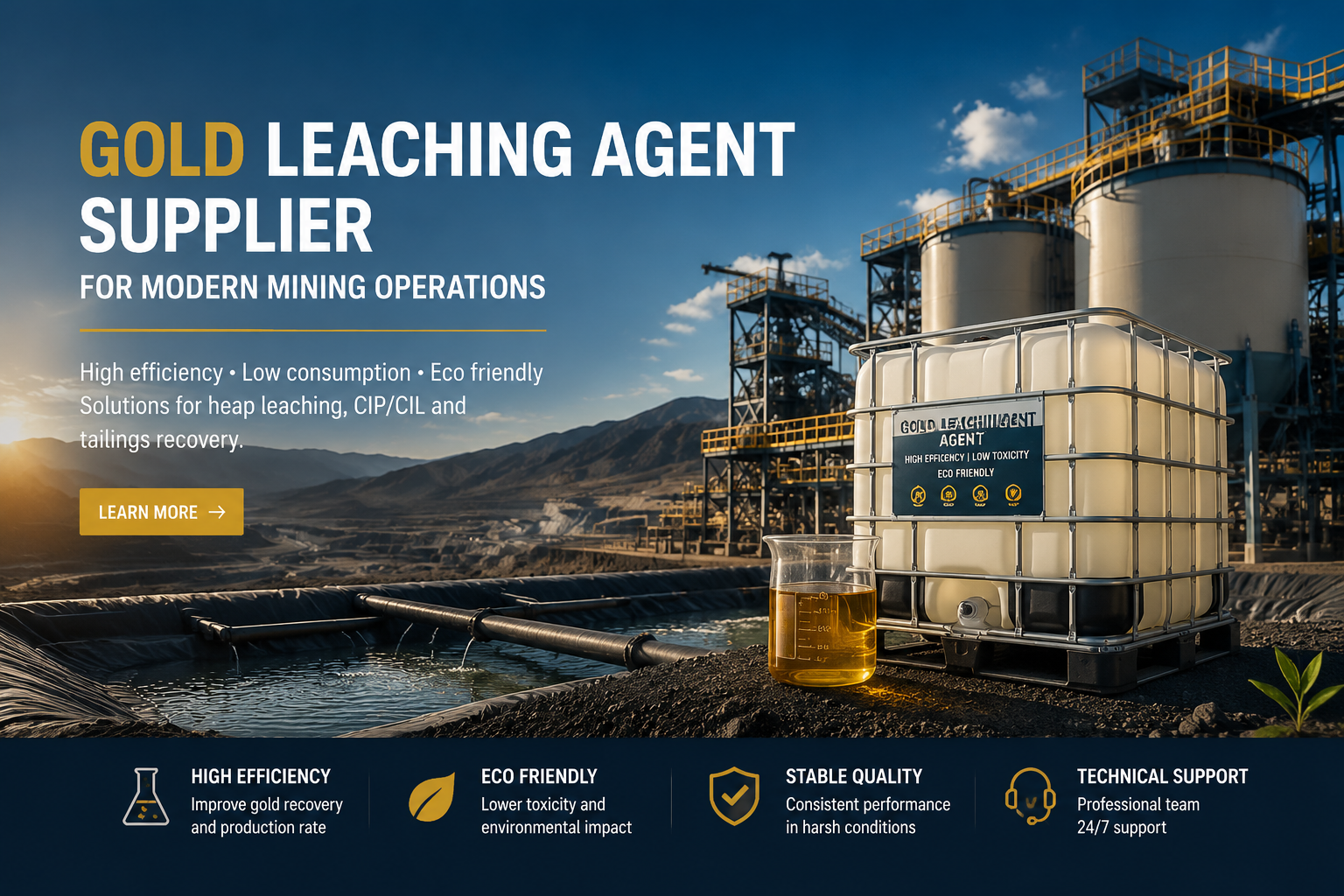 Gold leaching agent supplier providing mining recovery solutions for heap leaching CIP CIL plants and tailings recovery operations