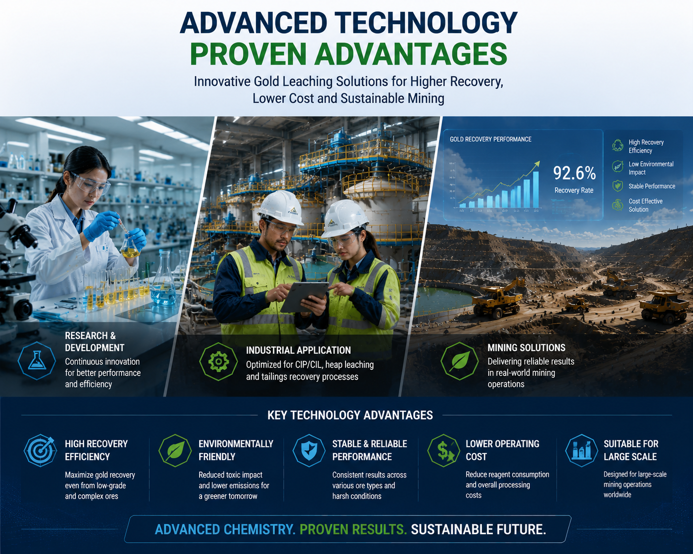 Gold recovery technology advantages including lab testing, industrial mining equipment and field applications for CIP CIL and heap leaching processes