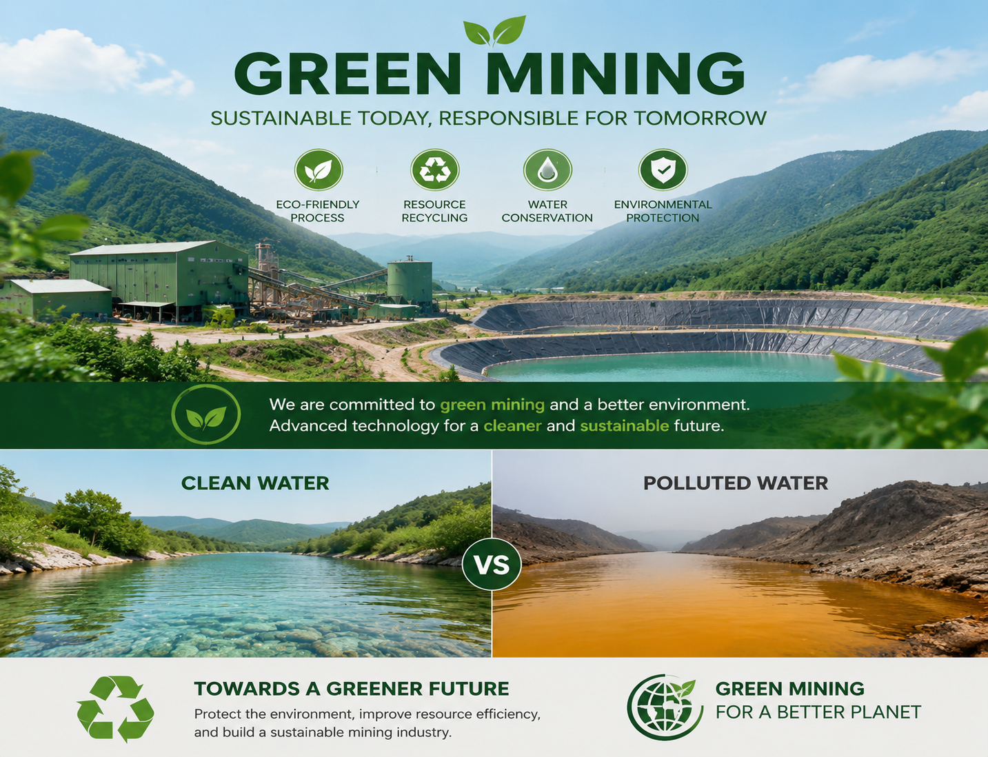 Eco-friendly gold leaching mining site showing green mining technology clean water versus polluted water comparison sustainable mineral processing industry