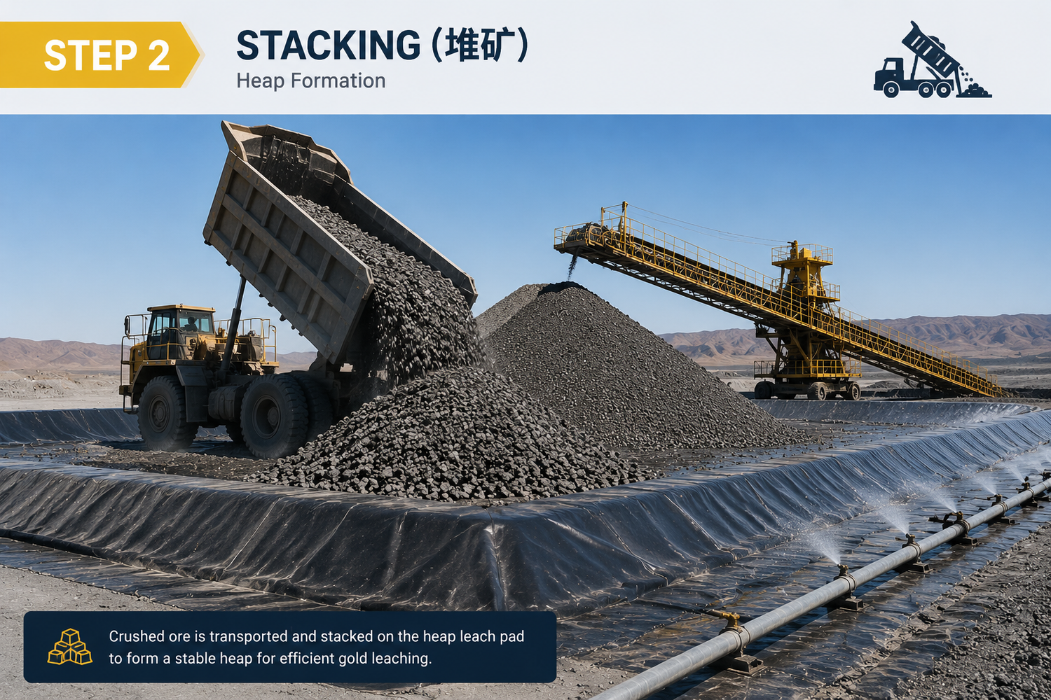 Truck dumping crushed ore to form heap leach pad for gold extraction stacking process