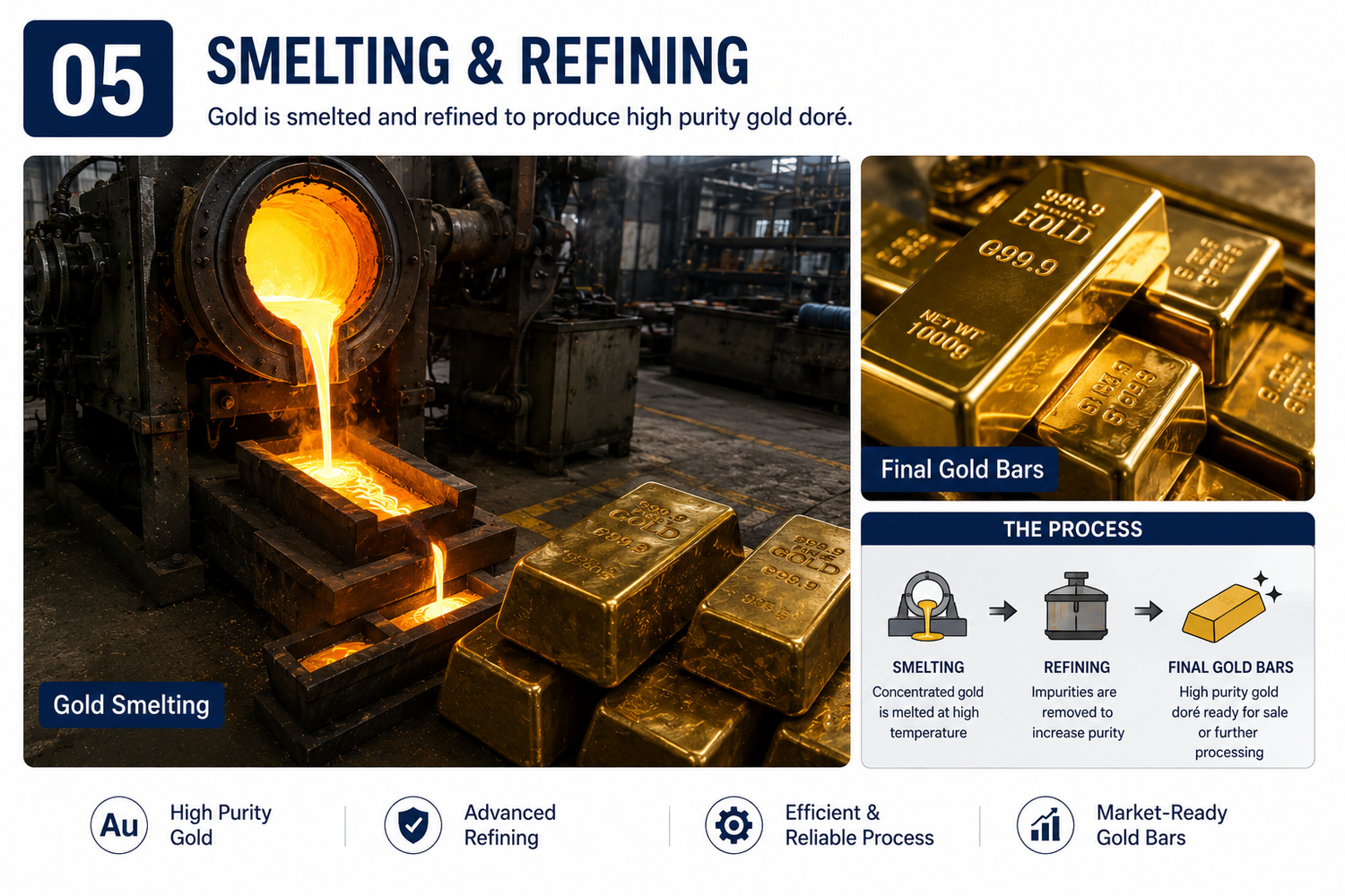 Gold smelting and refining process producing final gold bars